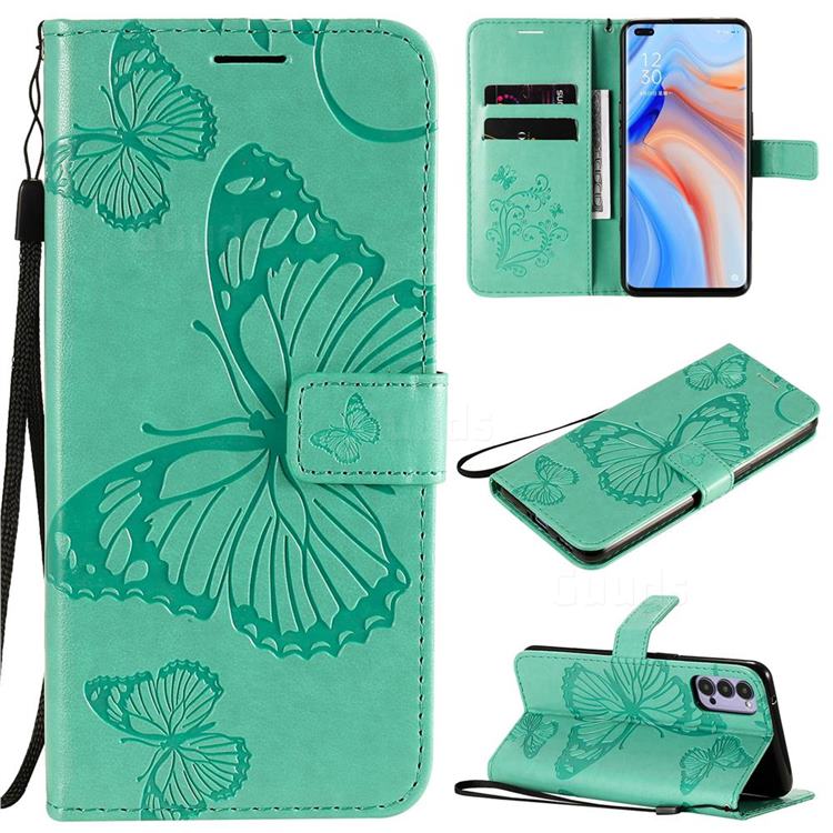 Embossing 3D Butterfly Leather Wallet Case for Oppo Reno4 5G - Green