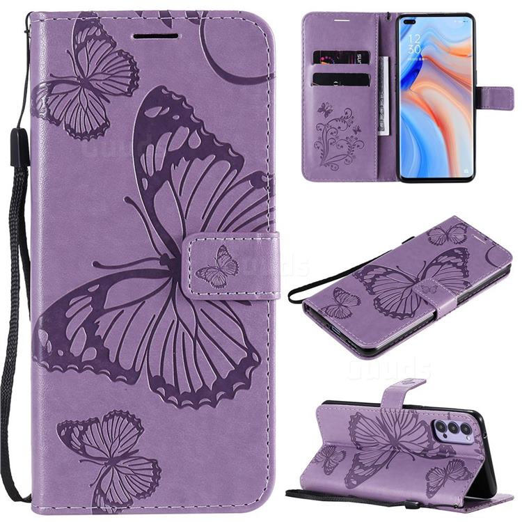 Embossing 3D Butterfly Leather Wallet Case for Oppo Reno4 5G - Purple