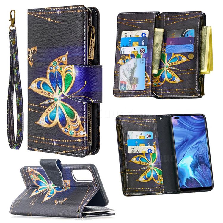 Golden Shining Butterfly Binfen Color BF03 Retro Zipper Leather Wallet Phone Case for Oppo Reno4 5G