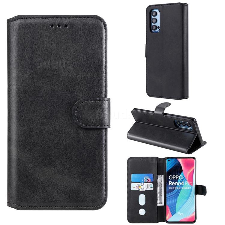 Retro Calf Matte Leather Wallet Phone Case for Oppo Reno4 Pro 5G - Black