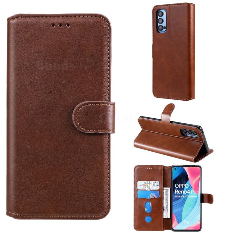 Retro Calf Matte Leather Wallet Phone Case for Oppo Reno4 Pro 5G - Brown