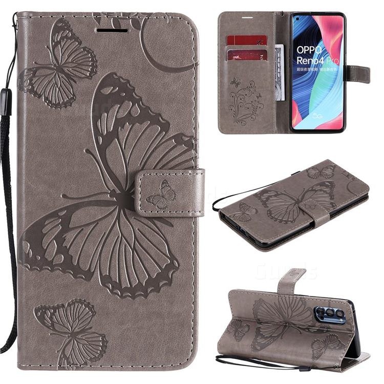 Embossing 3D Butterfly Leather Wallet Case for Oppo Reno4 Pro 5G - Gray