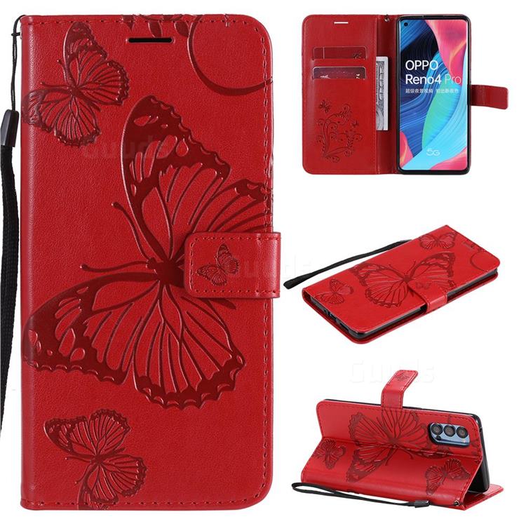 Embossing 3D Butterfly Leather Wallet Case for Oppo Reno4 Pro 5G - Red