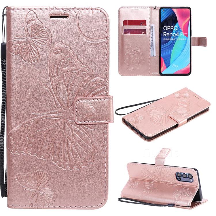 Embossing 3D Butterfly Leather Wallet Case for Oppo Reno4 Pro 5G - Rose Gold