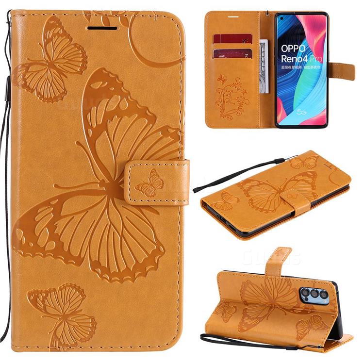 Embossing 3D Butterfly Leather Wallet Case for Oppo Reno4 Pro 5G - Yellow