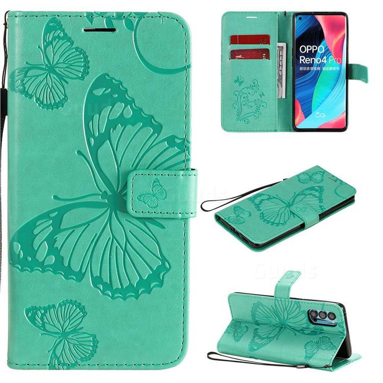 Embossing 3D Butterfly Leather Wallet Case for Oppo Reno4 Pro 5G - Green