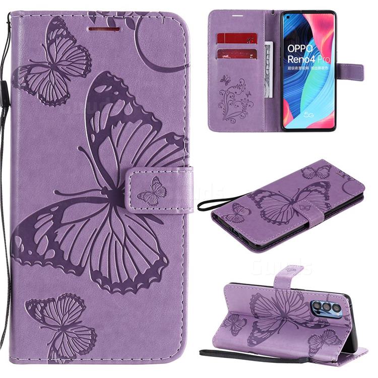 Embossing 3D Butterfly Leather Wallet Case for Oppo Reno4 Pro 5G - Purple