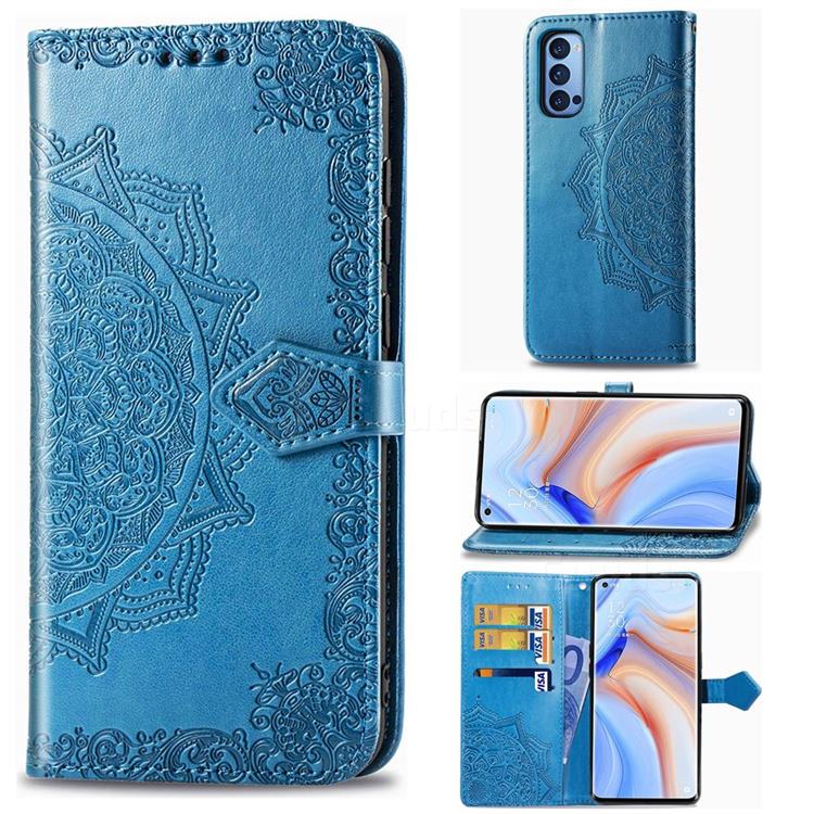 Embossing Imprint Mandala Flower Leather Wallet Case for Oppo Reno4 Pro 5G - Blue
