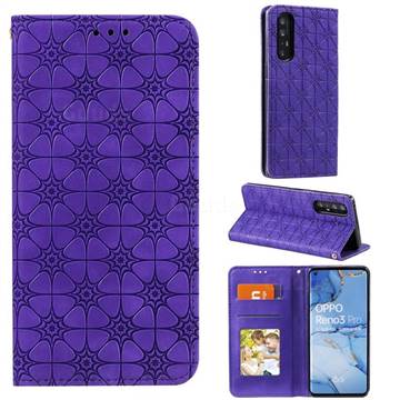 Intricate Embossing Four Leaf Clover Leather Wallet Case for Oppo Reno 3 Pro - Purple