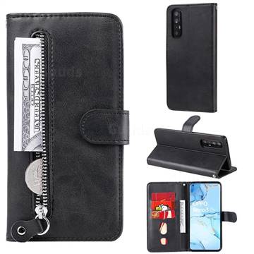 Retro Luxury Zipper Leather Phone Wallet Case for Oppo Reno 3 Pro - Black