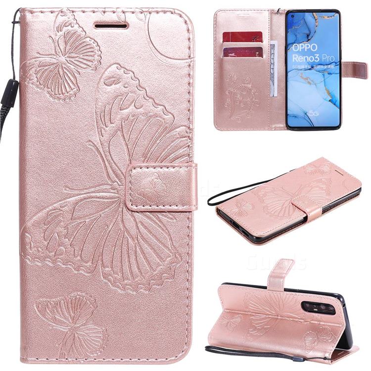 Embossing 3D Butterfly Leather Wallet Case for Oppo Reno 3 Pro 5G - Rose Gold