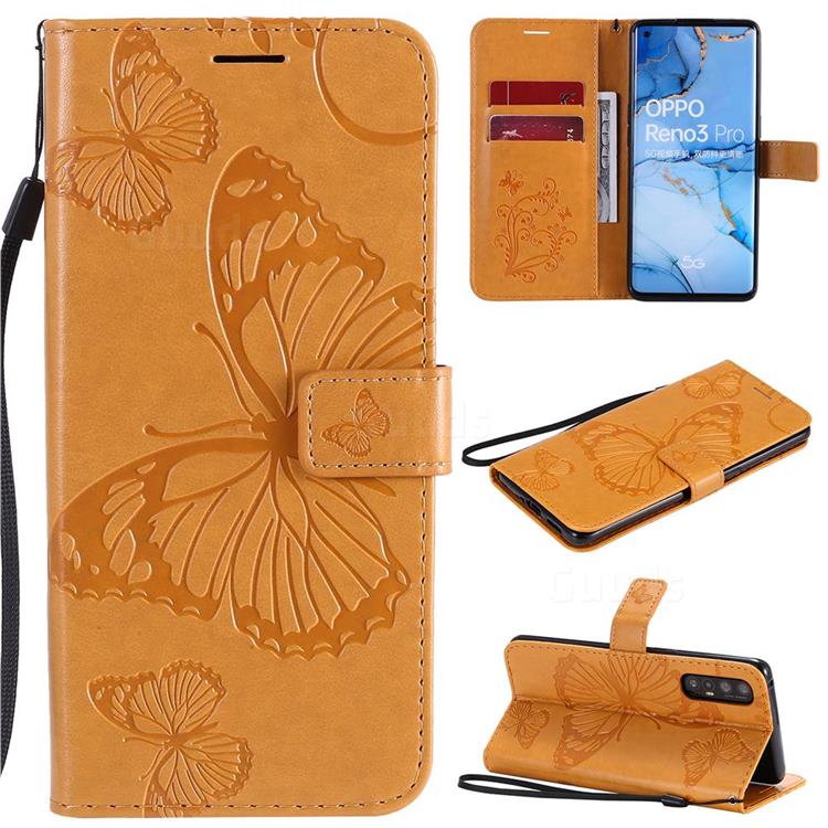 Embossing 3D Butterfly Leather Wallet Case for Oppo Reno 3 Pro 5G - Yellow