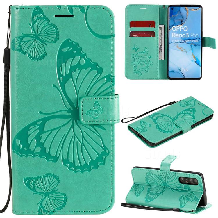 Embossing 3D Butterfly Leather Wallet Case for Oppo Reno 3 Pro 5G - Green