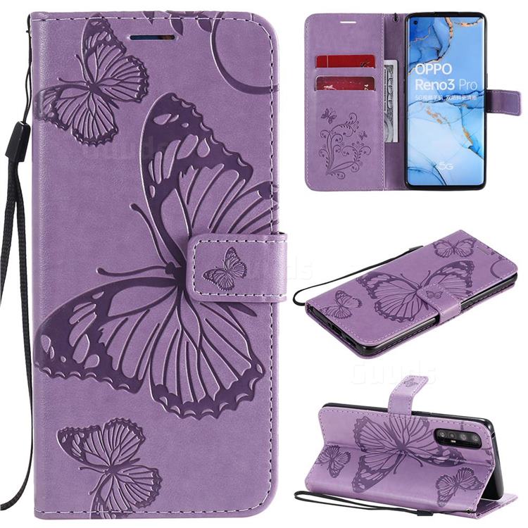 Embossing 3D Butterfly Leather Wallet Case for Oppo Reno 3 Pro 5G - Purple