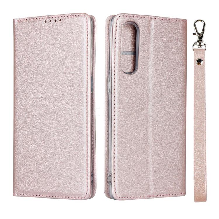 Ultra Slim Magnetic Automatic Suction Silk Lanyard Leather Flip Cover for Oppo Reno 3 Pro 5G - Rose Gold
