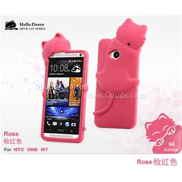 3D Diffie Cat Silicone Case for HTC One M7 801e - Rose
