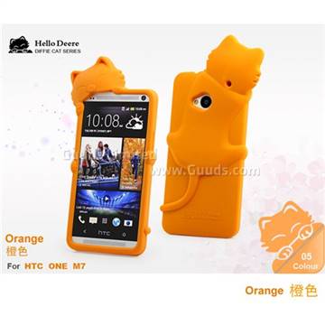 3D Diffie Cat Silicone Case for HTC One M7 801e - Orange