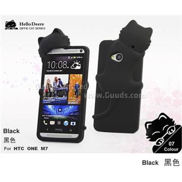 3D Diffie Cat Silicone Case for HTC One M7 801e - Black