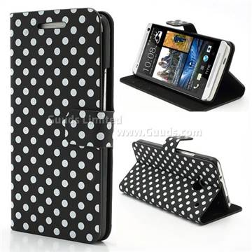Polka Dots Folio Leather Case for HTC One M7 801e with Built-in Stand and Card Slots - White Dots / Black
