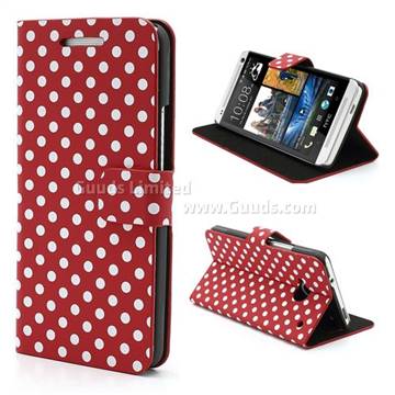 Polka Dots Folio Leather Case for HTC One M7 801e with Built-in Stand and Card Slots - White Dots / Red
