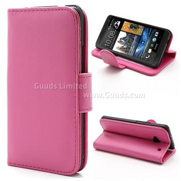 Glossy Leather Wallet Case for HTC One M7 801e with Built-in Stand and Card Slots - Rose