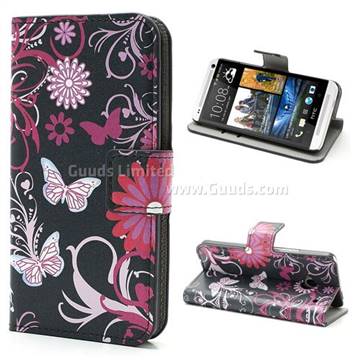 Butterfly and Flower Leather Wallet Case for HTC One M7 801e