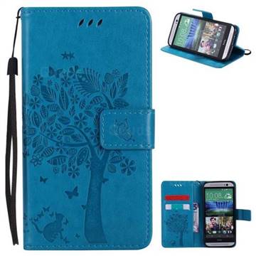 Embossing Butterfly Tree Leather Wallet Case for HTC One M8 - Blue