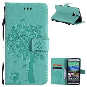 Embossing Butterfly Tree Leather Wallet Case for HTC One M8 - Cyan