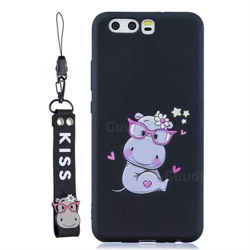 Black Flower Hippo Soft Kiss Candy Hand Strap Silicone Case for Huawei P10