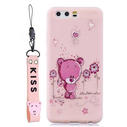 Pink Flower Bear Soft Kiss Candy Hand Strap Silicone Case for Huawei P10