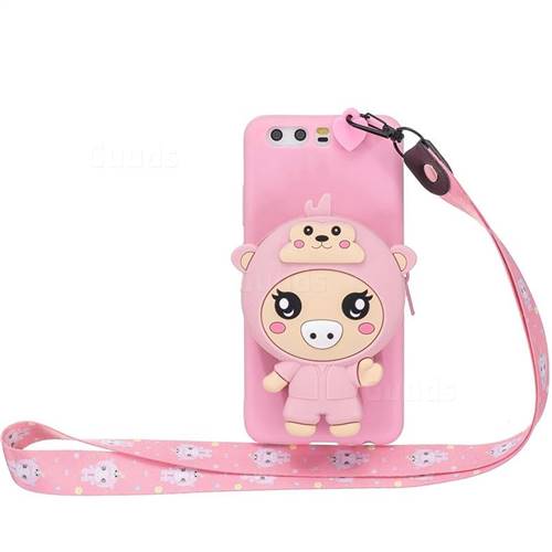 Pink Pig Neck Lanyard Zipper Wallet Silicone Case for Huawei P10