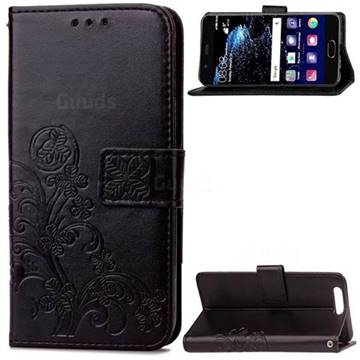 Embossing Imprint Four-Leaf Clover Leather Wallet Case for Huawei P10 - Black