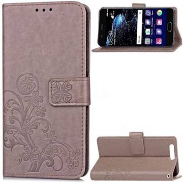 Embossing Imprint Four-Leaf Clover Leather Wallet Case for Huawei P10 - Grey