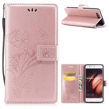 Intricate Embossing Butterfly Morning Glory Leather Wallet Case for Huawei P10 - Rose Gold
