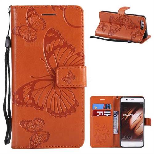 Embossing 3D Butterfly Leather Wallet Case for Huawei P10 - Orange