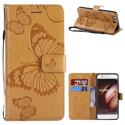Embossing 3D Butterfly Leather Wallet Case for Huawei P10 - Yellow