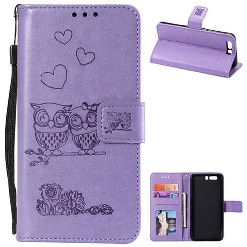 Embossing Owl Couple Flower Leather Wallet Case for Huawei P10 - Purple