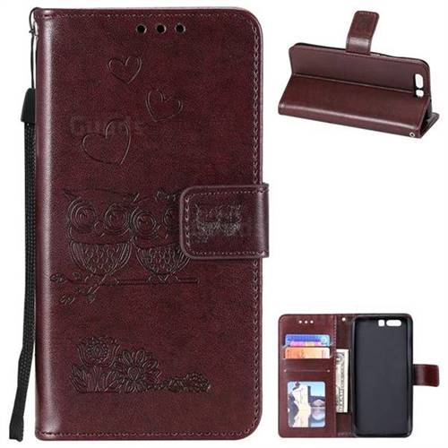 Embossing Owl Couple Flower Leather Wallet Case for Huawei P10 - Brown