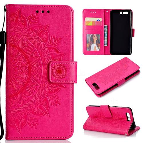 Intricate Embossing Datura Leather Wallet Case for Huawei P10 - Rose Red