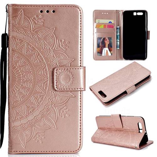 Intricate Embossing Datura Leather Wallet Case for Huawei P10 - Rose Gold