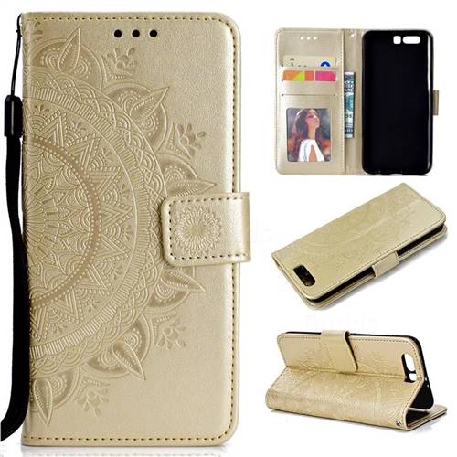 Intricate Embossing Datura Leather Wallet Case for Huawei P10 - Golden