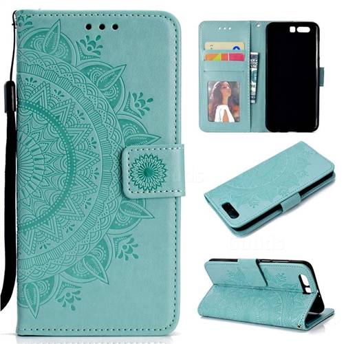 Intricate Embossing Datura Leather Wallet Case for Huawei P10 - Mint Green