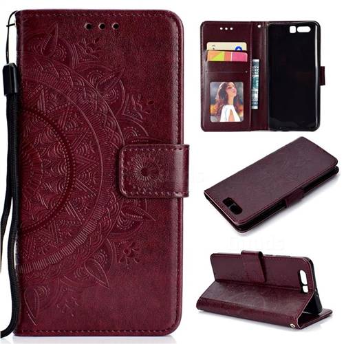 Intricate Embossing Datura Leather Wallet Case for Huawei P10 - Brown