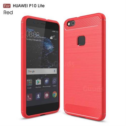 Luxury Carbon Fiber Brushed Wire Drawing Silicone TPU Back Cover for Huawei P10 Lite P10Lite (Red)