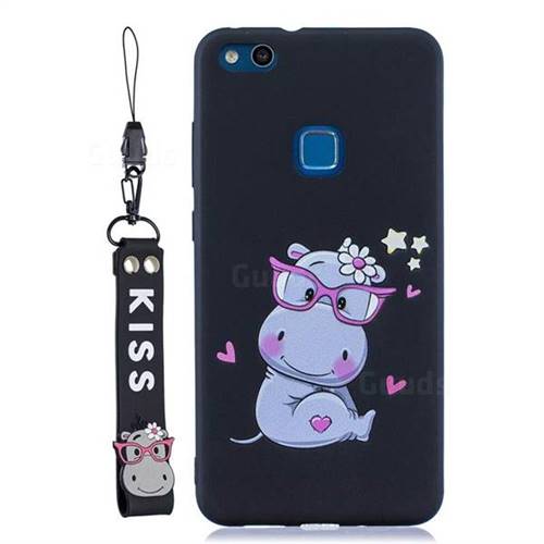 Black Flower Hippo Soft Kiss Candy Hand Strap Silicone Case for Huawei P10 Lite P10Lite