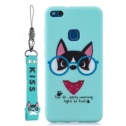 Green Glasses Dog Soft Kiss Candy Hand Strap Silicone Case for Huawei P10 Lite P10Lite