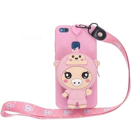 Pink Pig Neck Lanyard Zipper Wallet Silicone Case for Huawei P10 Lite P10Lite
