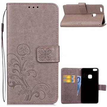 Embossing Imprint Four-Leaf Clover Leather Wallet Case for Huawei P10 Lite P10Lite - Grey