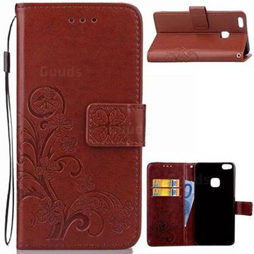Embossing Imprint Four-Leaf Clover Leather Wallet Case for Huawei P10 Lite P10Lite - Brown