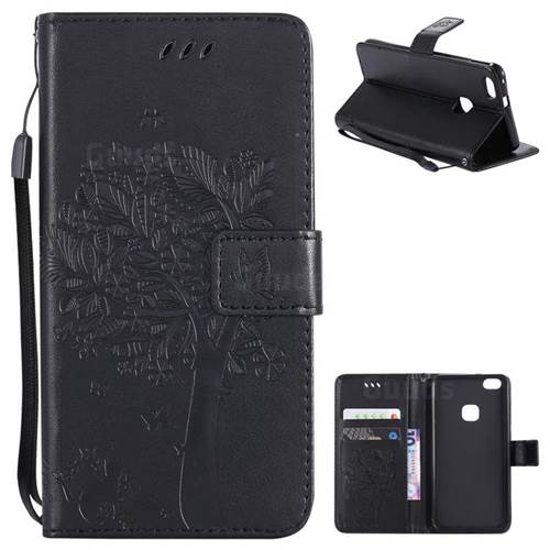 Embossing Butterfly Tree Leather Wallet Case for Huawei P10 Lite P10Lite - Black